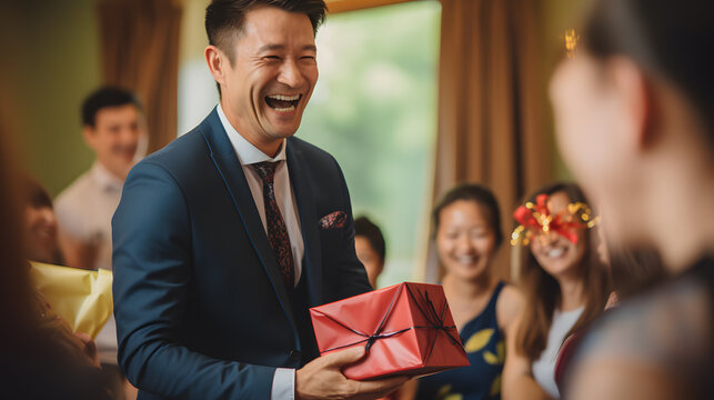 A close-up captures the expressions of delight and surprise as the birthday celebrant receives a thoughtful gift. The photography emphasizes the emotions, creating a sense of intimacy.