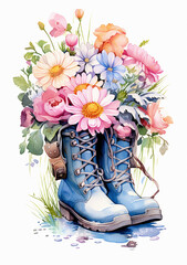 Watercolor illustration of blue boots with bouquet of spring flowers.