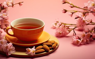 Naklejka na ściany i meble a up of tea almonds spices and herbs on a pink background.