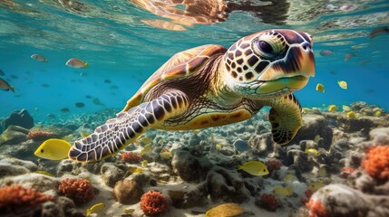 Obraz premium sea turtle with a group of colorful fish and colorful corals underwater in the ocean, underwater world in the ocean. Generative AI