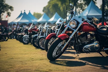Foto op Plexiglas Fiets Motorcycles parking outdoor festival tents. Generate Ai