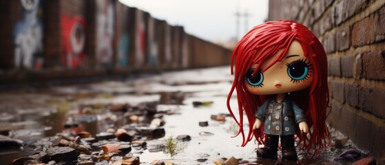 Cute little red hair figurine doll all lost in a derelict urban street with high brown brick walls...
