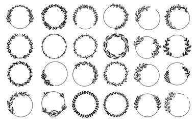 Hand drawn floral frames with flowers, branch and leaves. Botanical wreath. Laurel plant leaf, floral frame, round olive leaves, branch for greek wedding, crest logo.