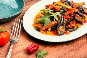 Aubergine saute, tasty vegetable stew.