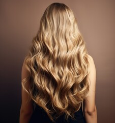 Fototapeta premium Concept for stylist and hairdresser. Lovely wavy hair . Beauty and fashion . Portrait of a beautiful young brunette woman with long wavy hair . Back view.