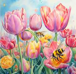Tulips and bees on blue sky background. watercolor illustration.