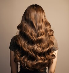 Fototapeta premium Concept for stylist and hairdresser. Lovely wavy hair . Beauty and fashion . Portrait of a beautiful young brunette woman with long wavy hair . Back view.