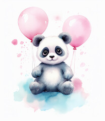 Cute panda bear with balloons. Watercolor hand drawn illustration