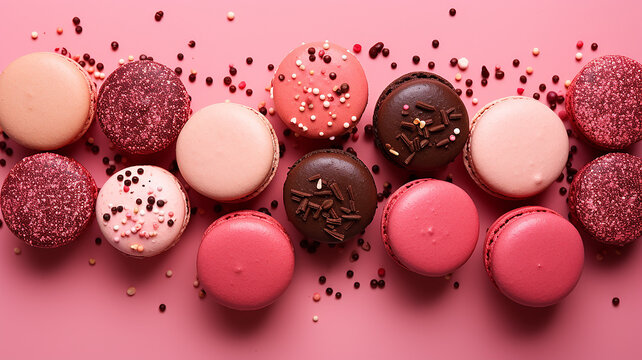 sodno di macarones rosa e al cioccolato visti dall'alto su sfondo rosa forte, pattern , formato banner, gustoso con granella colorata sopra