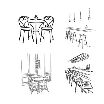 French Street Cafe, Hand drawn Vector Illustration