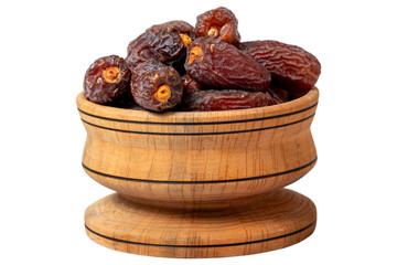 Date fruit in wood bowl. Natural dates isolated on white background.