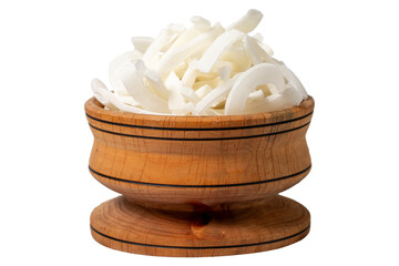 Coconut slices in wood bowl. Sun-dried natural coconut slices isolated on white background.