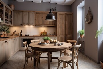 Rustic modern kitchen with round wooden dining table, modern built-in appliances and wooden furniture.