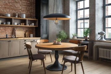 Obraz premium Rustic modern kitchen with round wooden dining table, modern built-in appliances and wooden furniture.