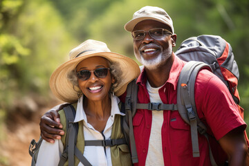 Elderly African American tourists on vacation on a hike with backpacks.