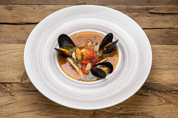 A delicious soup in a restaurant. Close-up