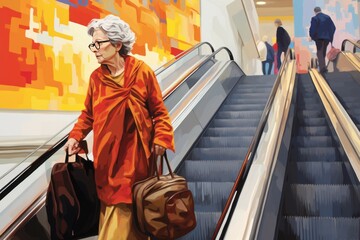 Old woman luggage escalator. Generate Ai