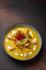 A delicious soup in a restaurant. Close-up