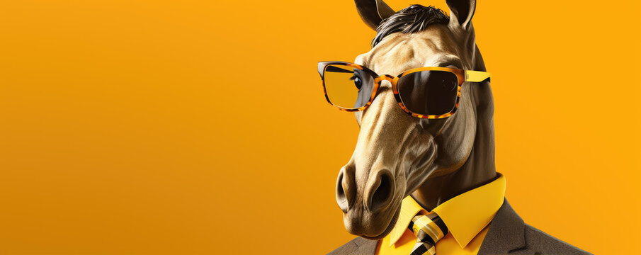 Funny or cool horse wearing sunglasses in studio with a vivid yellow background