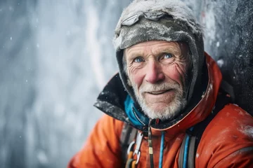 Fototapeten Portrait of a senior man in winter jacket and hat at the frozen waterfall. © Nerea