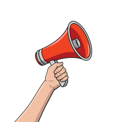 Cartoon red megaphone in hand. Vector illustration isolated on white background