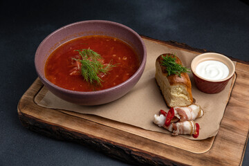 A delicious soup in a restaurant. Close-up
