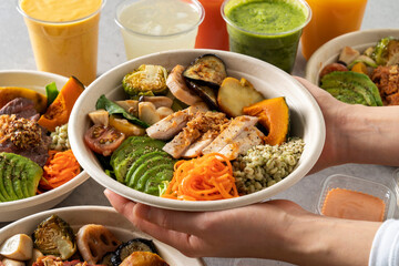 Soubled chicken breast salad, Soubled steak, smoked duck salad, pooled fork barbecue, salad, apple kale juice Korean food dish