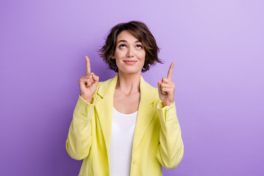 Portrait business investor woman indicating fingers up above head enjoy save money crypto market isolated on violet color background