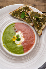 A delicious soup in a restaurant. Close-up
