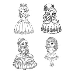 Cute princess dancing outlined and color for coloring book