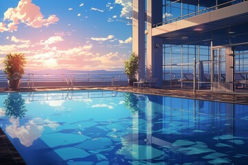 Pool sunset anime visual novel game. Generate Ai