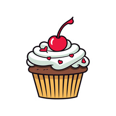 Cupcake with cherry in flat color on white background