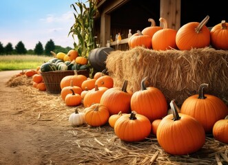 An outdoor display of a crop of large pumpkins on top of hay bales ready for the fall season and its holidays.