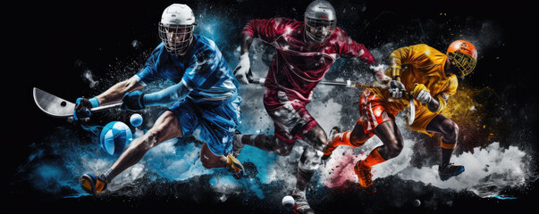 Multisport collage, footbal, boxing, voleyball soccer, baseball. copy space for text