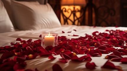 Rose on the bed in the hotel rooms. Rose and her petals on the bed for a romantic evening. honeymoon concept - obrazy, fototapety, plakaty