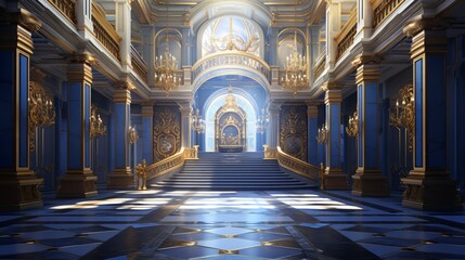 A realistic fantasy blue interior of the royal palace. golden blue palace. castle interior - obrazy, fototapety, plakaty