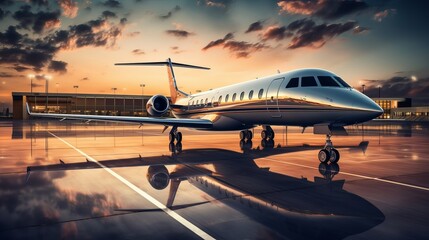 Business private jet airplane parked at terminal. Luxury tourism and business travel transportation concept