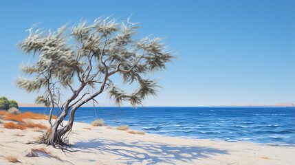 Sandy beach with tamarisk tamarix or salt cedar tree