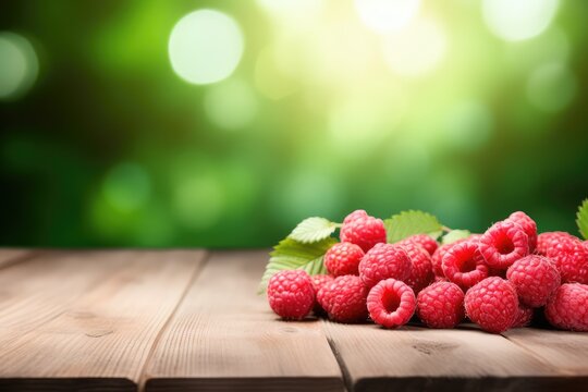 Wooden table with raspberries and free space on nature background