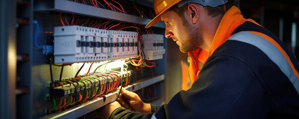 electrician man installing a electric switchboard system,