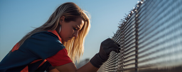 Fototapeta premium Worker fastening or repair metal mesh fence with hands.
