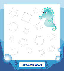 Trace and color for kids. Geometric shapes. Seahorse in cartoon style. Game for kids.