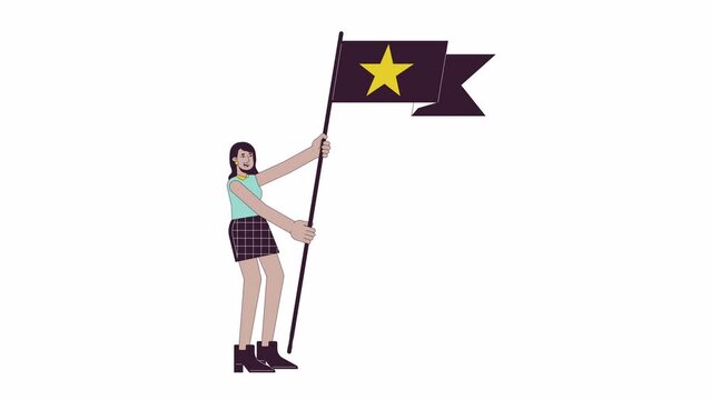 Excited fangirl cheering with flag line 2D character animation. Celebrating victory flat color cartoon 4K video, alpha channel. Happy streetwear fan girl animated person on white background
