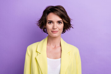 Closeup portrait photo of charming intern student woman bob brown hair first day junior seo...