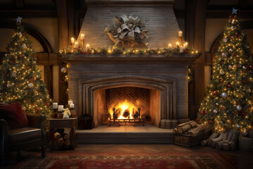 Fototapeta na wymiar Fireplace with Christmas tree in the background. 