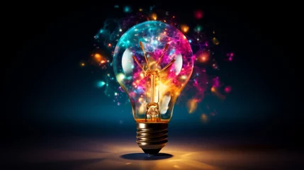 Fototapeten Creative light bulb explodes with colorful paint and colors. New idea, brainstorming concept. Banner © Denis