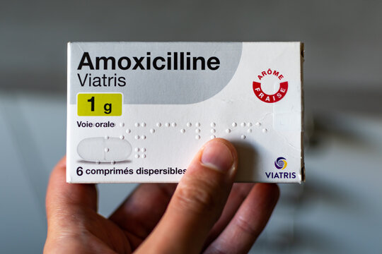 Genaville, France, August 23 2023 : Amoxicillin antibiotic medication by Viatris