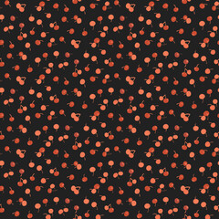 Cute seamless pattern with small cherries on a dark brown background. Abstract cherry berry   pattern, ditsy print. Vector illustration in a hand-drawn style. Elegant modern retro design  - 638418910