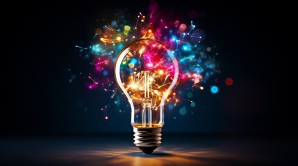 Creative light bulb explodes with colorful paint and colors. New idea, brainstorming concept. Banner - obrazy, fototapety, plakaty