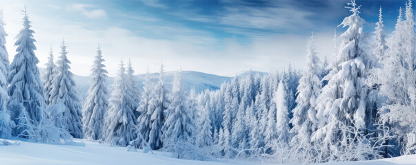 panoramic photo of the trees covered with snow in the snowland, copy space for text